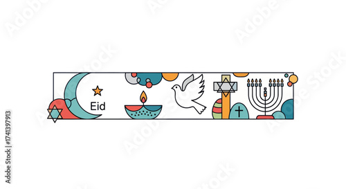 Diverse Religious Symbols Banner with Moon Star Dove Cross Menorah Illustration.