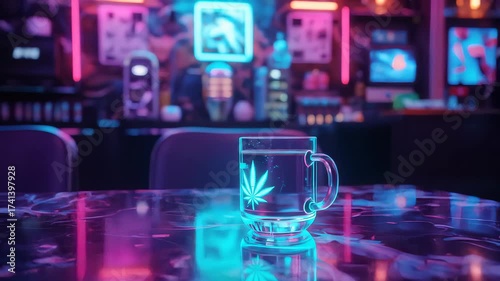 Neon Lit Cup with a Design on a Tabletop in an Abstract Bar Area