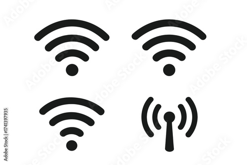Wifi icon set. Wireless internet connection symbol. Network signal level indicator. Mobile data hotspot pictogram. Radio antenna broadcast sign. Flat vector illustration.