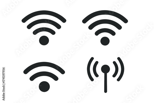 Wifi icon set vector. Wireless internet connection symbol collection. Wi-fi signal strength level indicator. Mobile data network pictogram. Radio wave antenna sign.