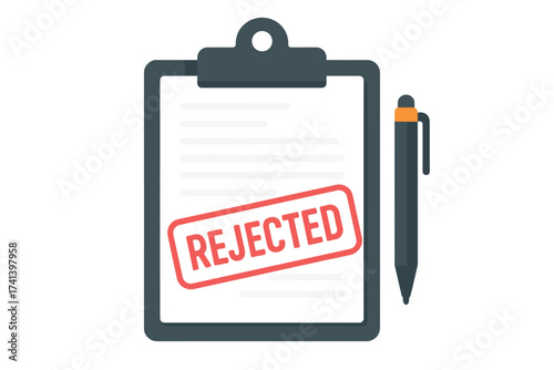 Rejected application concept. Clipboard with document, red rejected stamp and pen. Refusal form. Denial document. Claim denied. Job refusal. Not approved. Vector illustration.