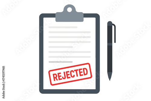 Rejected application form document on clipboard with red stamp. Claim denied, refusal concept. Business failure, loan or insurance disapproval vector illustration. Paperwork deny.