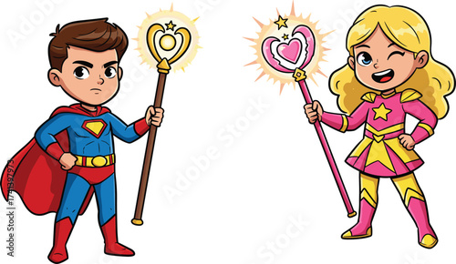 Cartoon superhero boy and girl, magical staff heroes, fantasy costume children, colorful illustration, action pose, comic style, adventure artwork