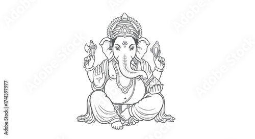 Intricate Line Art Illustration of Lord Ganesha the Hindu Elephant-Headed Deity.
