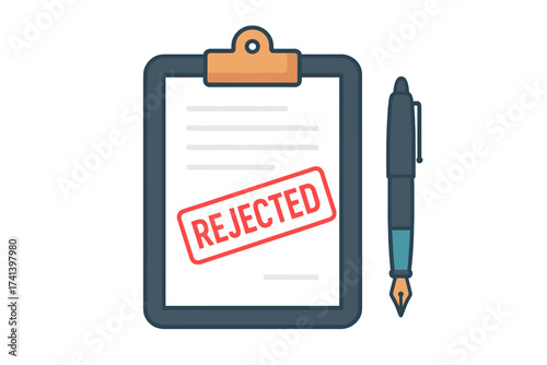 Rejected application concept. Clipboard with document, red rejected stamp and pen. Denied form, disapproval, failure symbol. Modern flat design vector illustration for business.