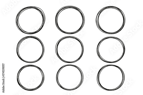 Set of hand-drawn sketched circle line doodles, square note mark design elements, vector illustration collection with transparent background for creative projects