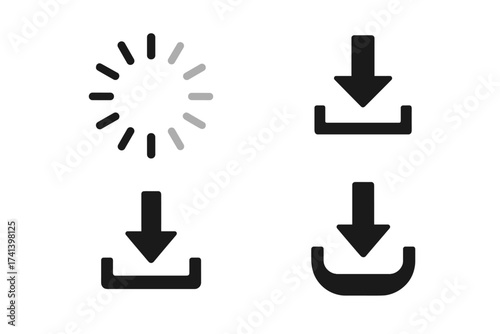 Set of simple black loading and download icons, circular loader spinner and arrow with tray download symbols, vector illustration with transparent background, web and digital design interface elements