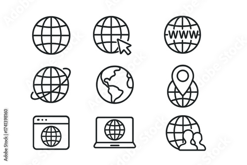 Set of globe outline icons for web and app development, thin line vector symbols for global internet, world map, browser, location pin, laptop, and online community concept illustration