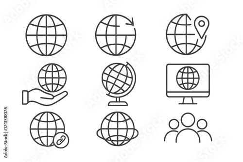 Set of globe and world map outline icons with thin lines for web apps, website design, app development, navigation, global communication, and digital technology vector illustration