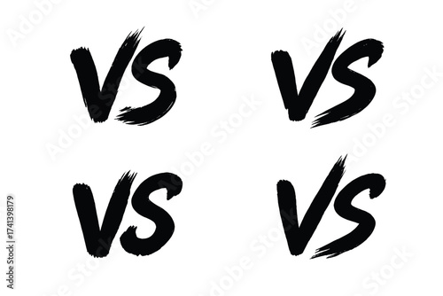 Set of 4 Versus VS symbols, black brush stroke paint letters, competition fight battle duel text, hand-painted vector illustration with transparent background, ordered brush style icons