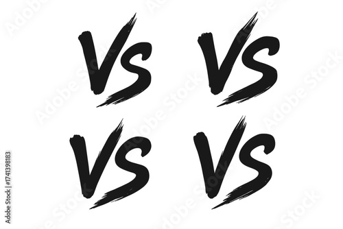 Set of hand-painted brush stroke VS symbols, versus text design, competition concept, battle fight icon, clash duel illustration, ink brush vector set with transparent background