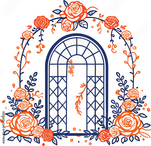 Arched window adorned with orange roses and greenery