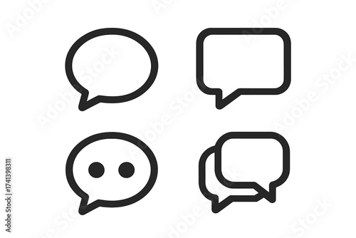 Set of four modern speech bubble icons isolated on white background, vector chat symbols for user interface design, message box, communication icons collection for websites and apps