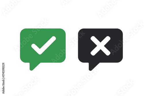 Speech bubble dos and don'ts icons, checklist symbols with green check mark and black cross, modern flat design, accept and reject concept for evaluation, quiz, approval, decision making