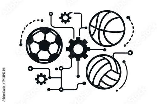 Dynamic sport mechanism concept with football, basketball, and volleyball interconnected by gears and lines. Vector illustration of sports equipment connection, technology, and teamwork design.