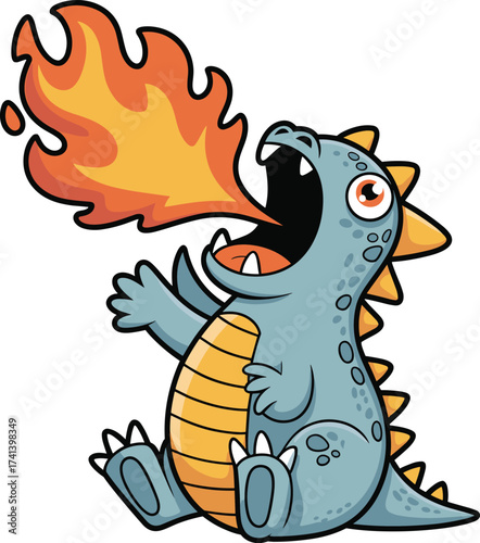 Cartoon blue dinosaur breathing fire, cute fantasy creature, vector illustration for kids, isolated mascot design, fiery dragon character, stock art