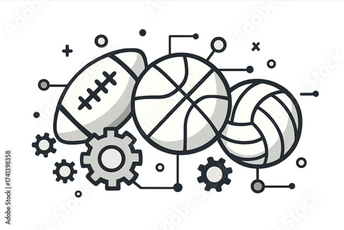 Sport mechanism concept with football, basketball, volleyball, ball icons, abstract connected objects, technology integration, vector illustration, sports innovation, game strategy design