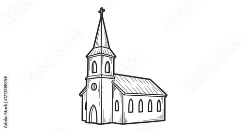 Hand-drawn sketch of a traditional church building with a steeple and cross.