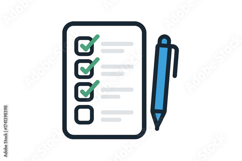 Survey form icon with checklist and pen, flat style illustration of good exam results, quiz form concept, interview assessment, passed questionnaire, isolated vector graphic