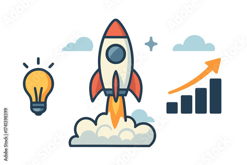 Startup business concept with rocket launch, innovation strategy and growth boost, successful project launch vector illustration, technology and idea development symbol