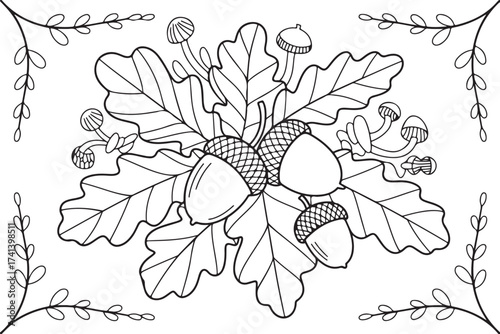 Acorns and Oak Leaves Line Art – Autumn Nature Coloring Page