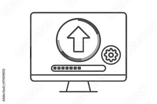 System software update and upgrade concept with loading progress on PC screen, settings gear icon, technology illustration, digital upgrade process, data transfer