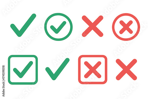 Stylish tick and cross icon set in green and red colors, flat design vector illustration, check marks and X symbols for approval and rejection, transparent background