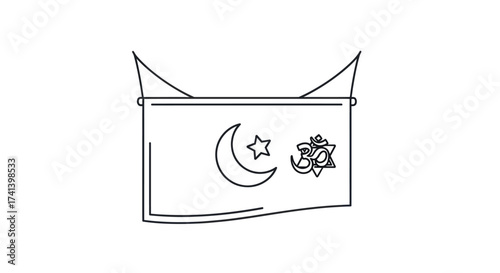 Line Art Banner with Interfaith Symbols: Crescent Moon Star and Om.