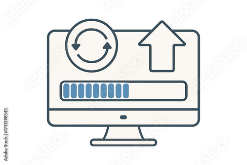 System software update and upgrade concept with loading progress on computer screen, digital refresh and data synchronization, technology upgrade, vector illustration with transparent background