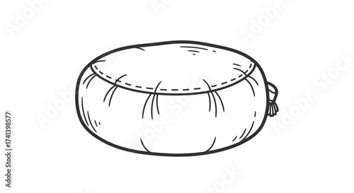 Round Pouf Illustration with Stitched Detail and Tassel Accent.