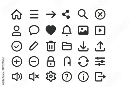 Universal Web Icons Set for Mobile and Web UI, Basic User Interface Elements Vector Illustration with Transparent Background, Essential Digital Symbols for Apps and Websites
