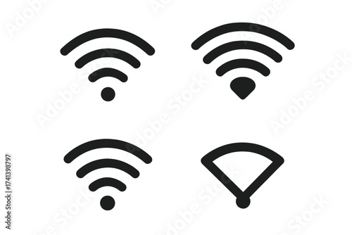 Wireless WiFi signal icons set isolated on white background. Vector illustration of wireless connectivity, network symbol, internet signal strength, modern tech vector graphics.