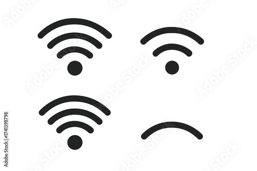 Set of wireless WiFi icons isolated on white background with transparent effect, vector illustration showing different signal strength levels, technology and connectivity symbols for digital use