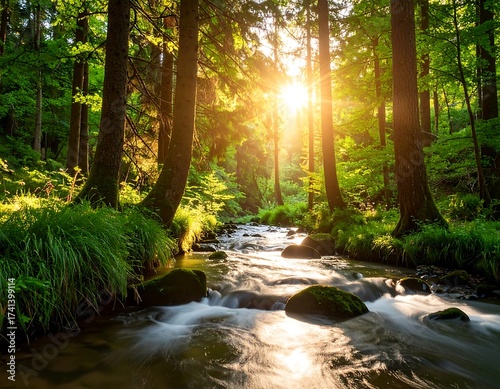 Sunlight streams through a lush forest over a babbling brook