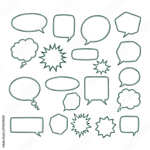 Handdrawn speech bubbles and thought clouds set for creative projects.