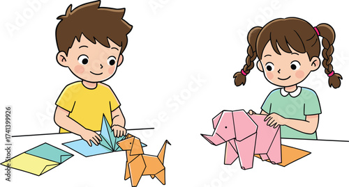 Children folding paper, origami animals, creative kids, elephant and dog, colorful craft, table activity, fine motor skills, happy learning, educational moment, playful scene, DIY origami