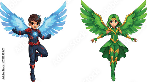 Cartoon superhero boy with glowing blue wings and red suit, superhero girl with green wings and gold costume, fantasy comic illustration