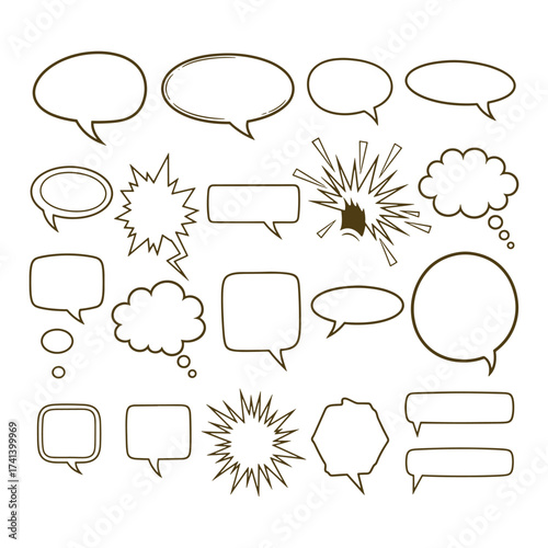 Handdrawn speech bubbles and thought clouds set for creative projects.