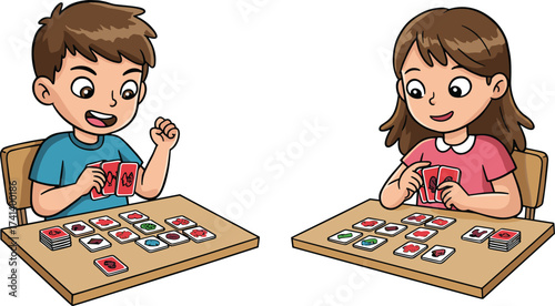 Children playing cards,cognitive skills, happy kids, concentration, learning play, boy and girl, table activity, social interaction, educational game, childhood joy, card matching, playful moment