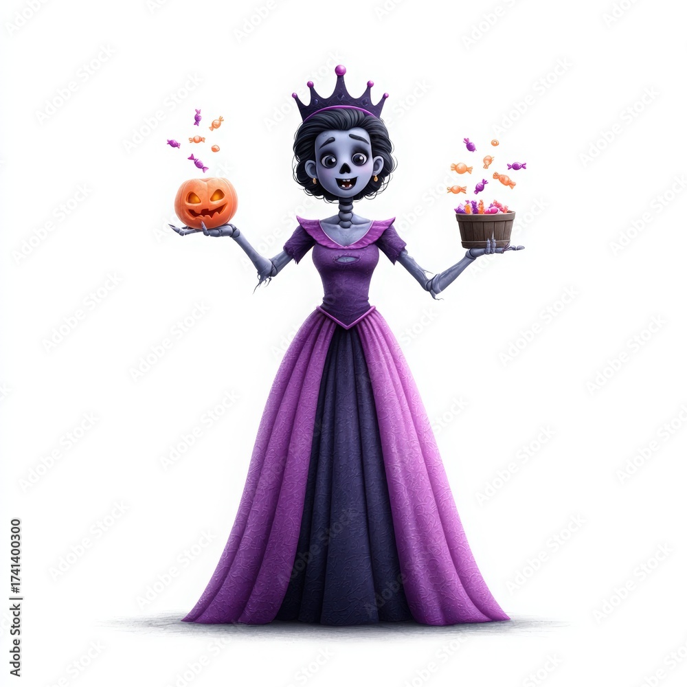 Fototapeta premium Halloween princess holding pumpkin and candy bucket in spooky attire