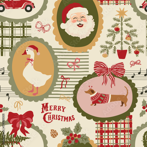 Retro Christmas collage seamless pattern. Cozy winter holiday mosaic wallpaper, New Year print. Retro Santa, Christmas tree, dog, goose, car, note, bows. Vector patchwork background textile design