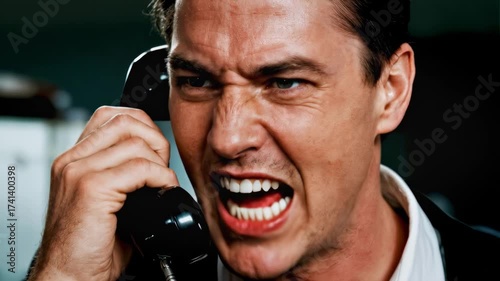 A person shouting into a phone. Verbal aggression, anger, frustration, communication, argument