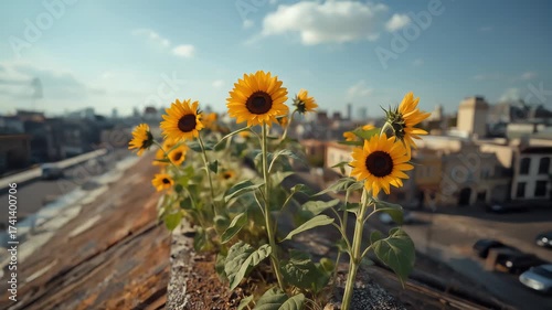 Sunflowers on a rooftop create a vibrant contrast with cityscape backdrop