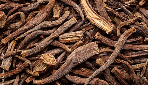 closeup pile of dry dandelion root herb for loose tea background texture