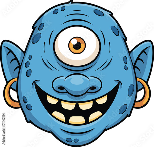Cartoon cyclops head, smiling monster illustration, blue skin, single eye, gold hoop earrings, friendly fantasy creature, playful character design, vector art