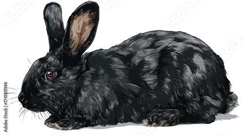 Elegant Black Rabbit with Long Ears Isolated on White Background