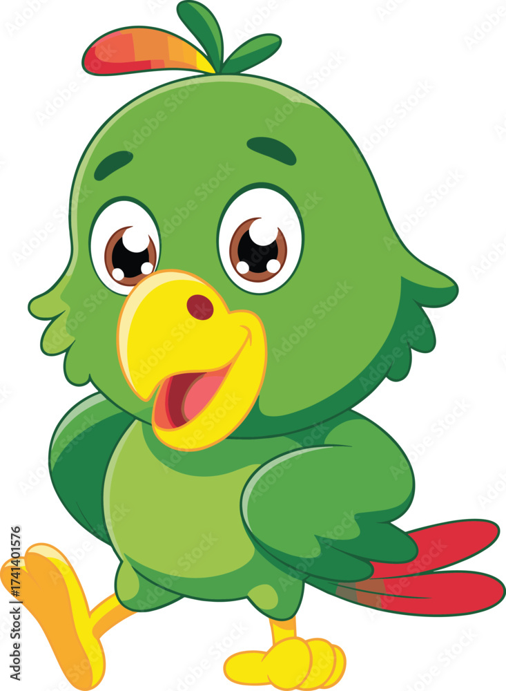 Fototapeta premium Cartoon green parrot, tropical bird character, waving wing, dancing pose, colorful feathers, vector illustration, kids mascot, cheerful expression, stock image