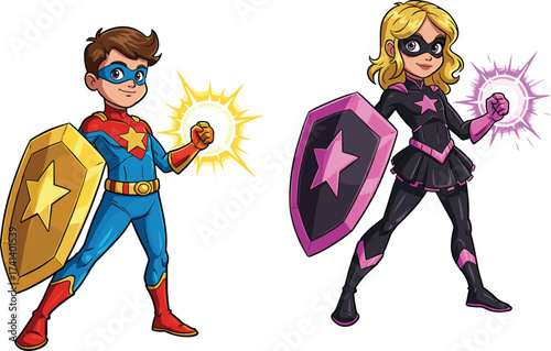 Cartoon superhero boy with golden shield and glowing aura, superhero girl with pink shield and purple power, dynamic comic action illustration