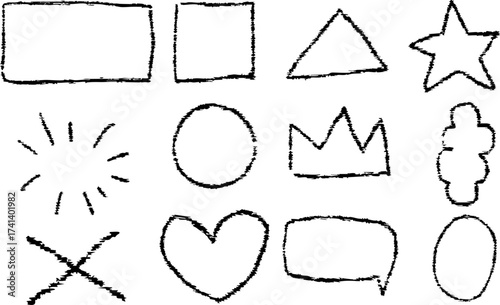 crayon liner doodle Hand drawn Style Frames Texture Borders, Hand Drawn set Star and Heart Shapes for Text or Photos