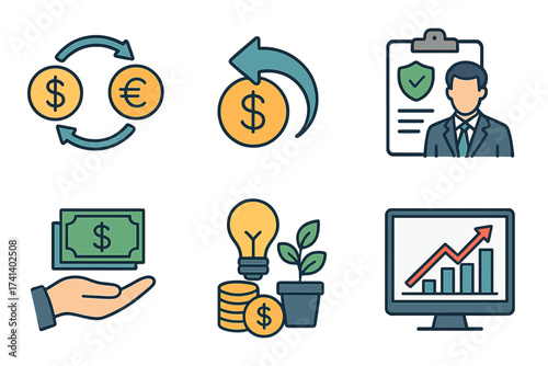 Set of business and finance icons. Cash back, quick loan, insurance policy, and fund management concepts. Return on investment, stock market chart, and currency exchange vector.